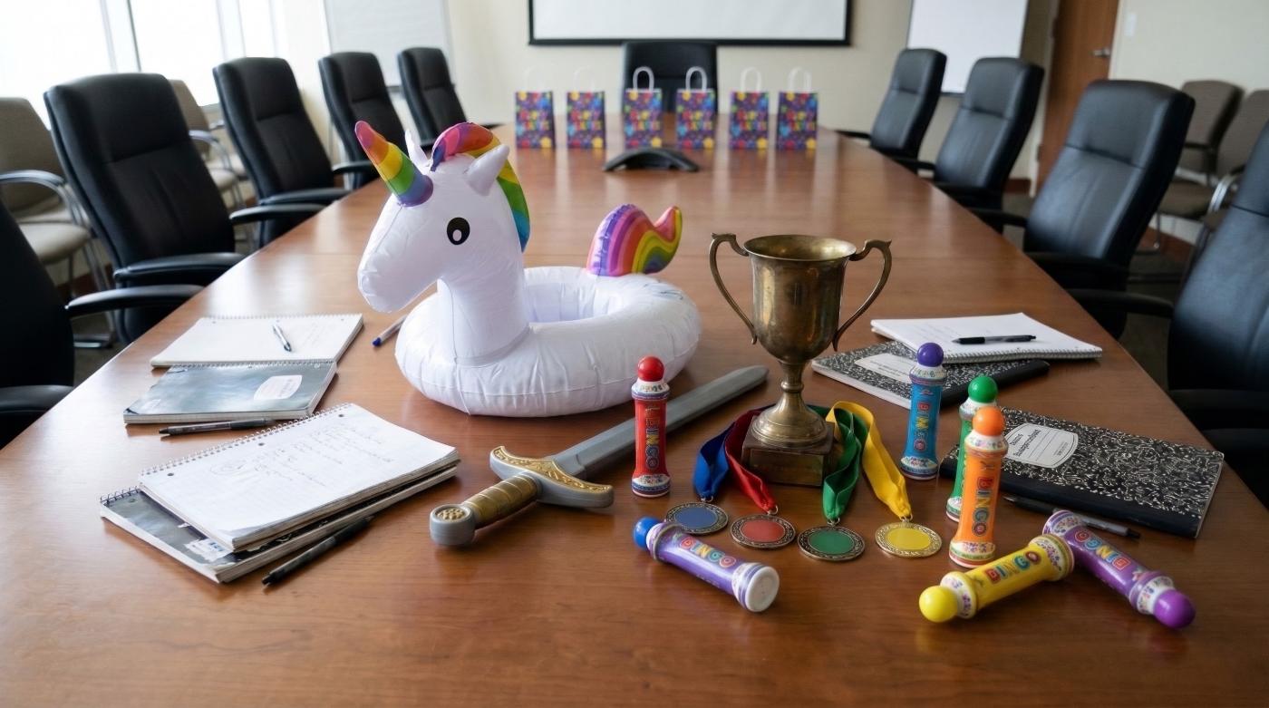 A boardroom table laid out with workshop props: an inflatable rainbow unicorn, a toy sword, a trophy, medals, bingo dabbers and party bags.