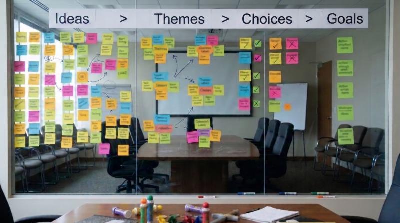 A meeting room glass wall covered in sticky notes, sorted under four headings: Ideas, Themes, Choices, Goals.